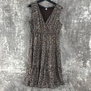 Charter Club Size M Abstract Cocktail Party Faux Wrap Midi Dress Brown Sleeveles